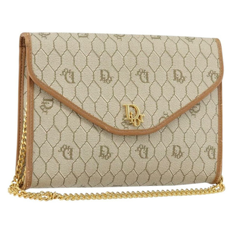 Christian Dior 蜂巢帆布鏈條單肩包 PVC 米色 金色 正品 ep11918