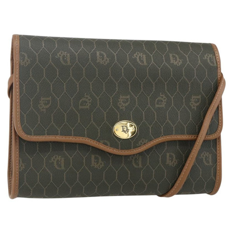 Christian Dior 蜂巢帆布肩背包 PVC 卡其色 金色 正品 ep11695