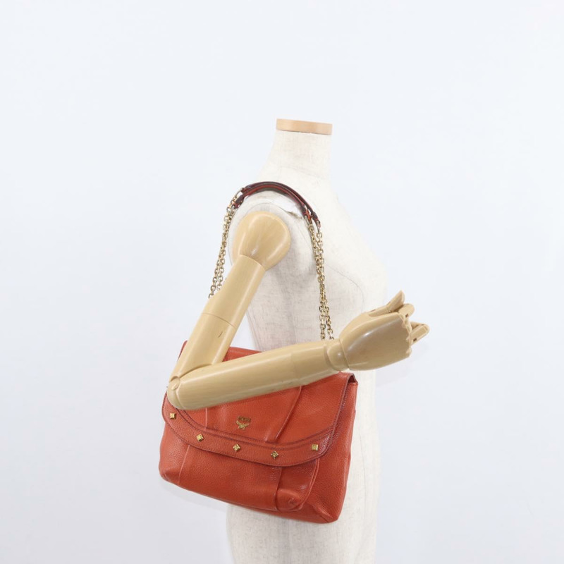 【日本直送】MCM鉚釘鏈單肩包 皮革 橙色 金色 正品 149467-22