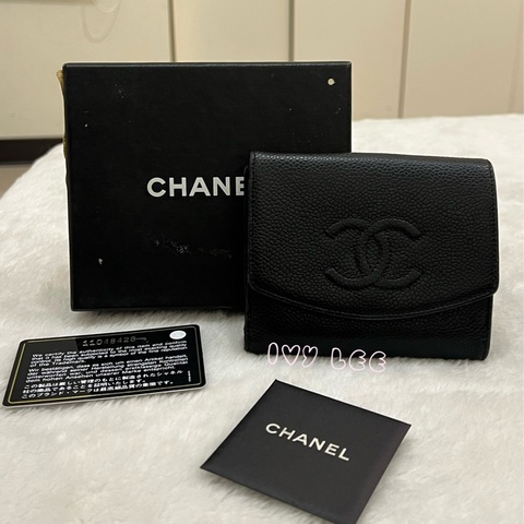 CHANEL vintage 荔枝牛皮 經典黑 三折短夾 11開  正品 二手精品