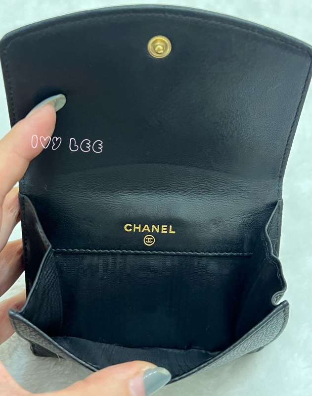 CHANEL vintage 荔枝牛皮 經典黑 三折短夾 11開  正品 二手精品-3