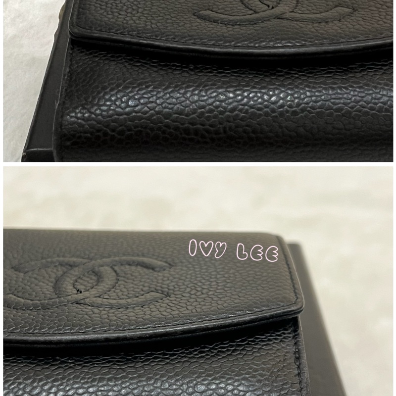 CHANEL vintage 荔枝牛皮 經典黑 三折短夾 11開  正品 二手精品-16
