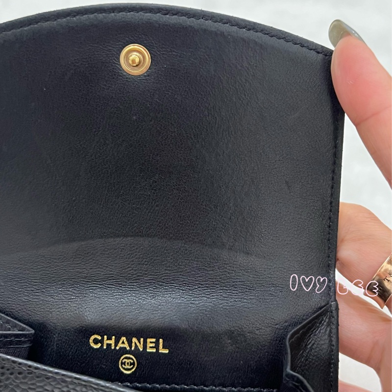 CHANEL vintage 荔枝牛皮 經典黑 三折短夾 11開  正品 二手精品-28