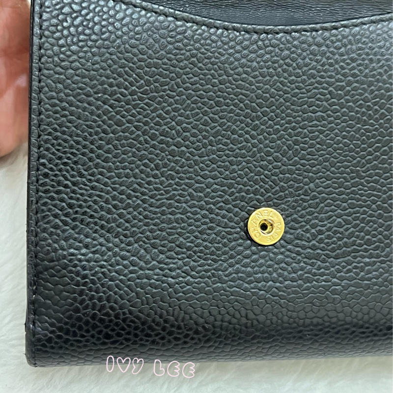 CHANEL vintage 荔枝牛皮 經典黑 三折短夾 11開  正品 二手精品-30