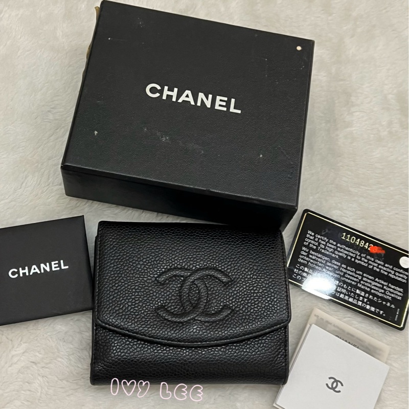 CHANEL vintage 荔枝牛皮 經典黑 三折短夾 11開  正品 二手精品-32