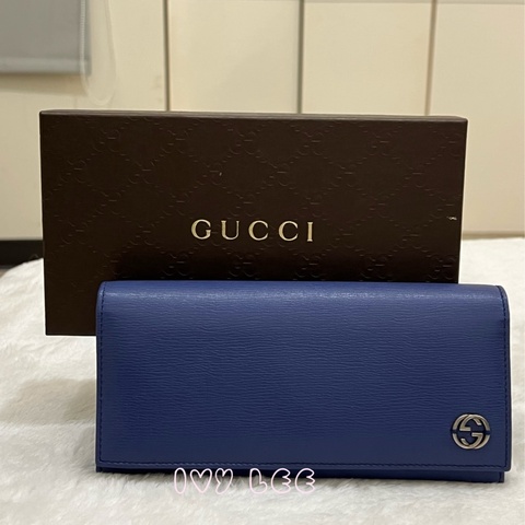 GUCCI 古馳 256348 互扣式掀蓋 長皮夾 藍色皮革 長夾 正品 二手精品