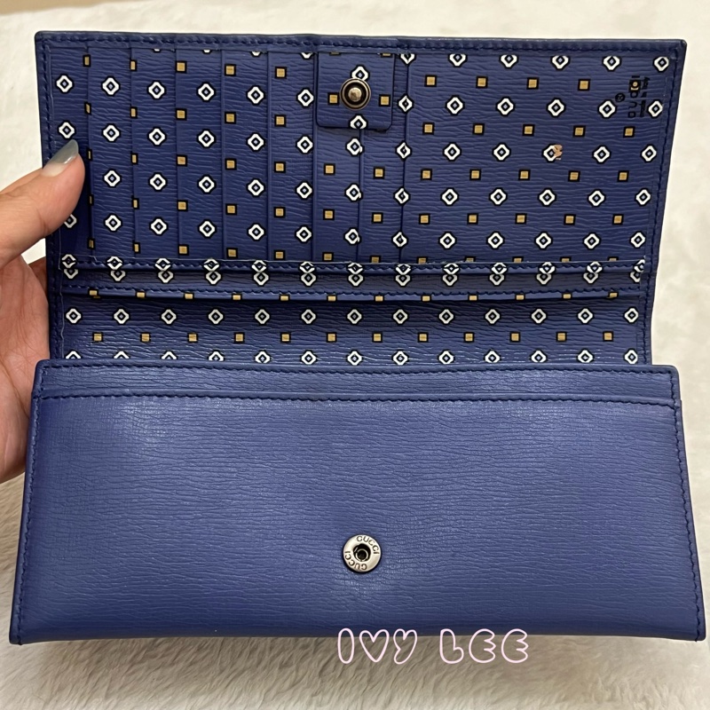 GUCCI 古馳 256348 互扣式掀蓋 長皮夾 藍色皮革 長夾 正品 二手精品-2