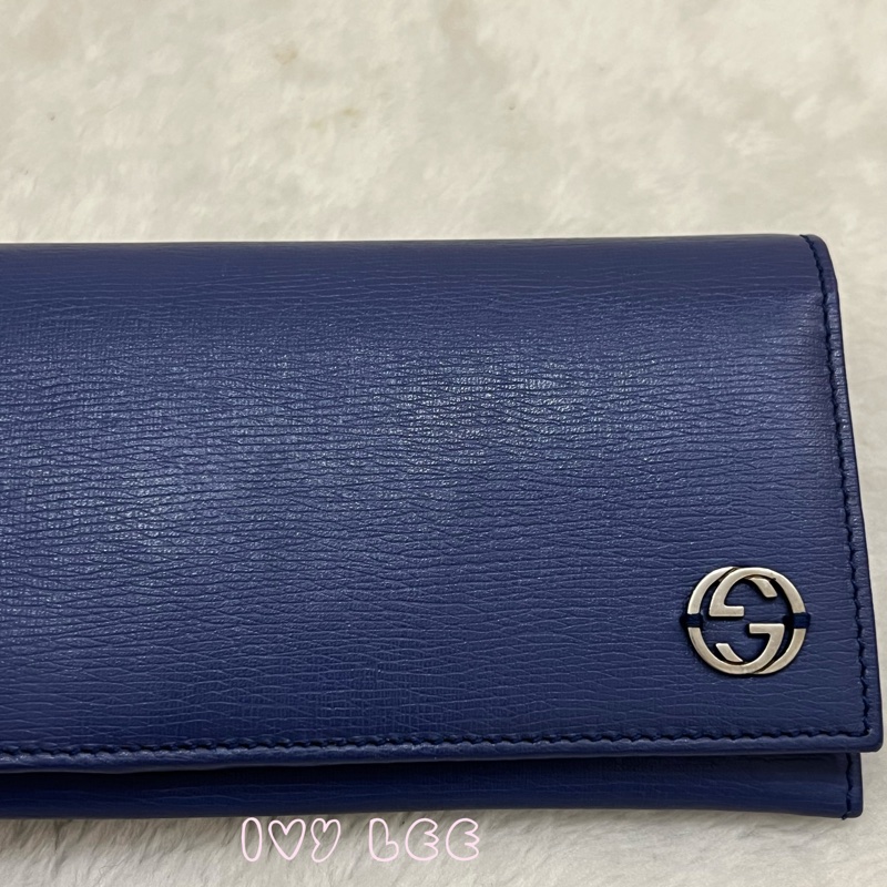 GUCCI 古馳 256348 互扣式掀蓋 長皮夾 藍色皮革 長夾 正品 二手精品-32