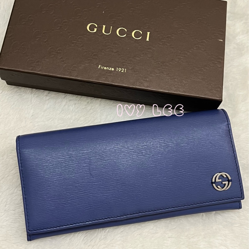 GUCCI 古馳 256348 互扣式掀蓋 長皮夾 藍色皮革 長夾 正品 二手精品-36