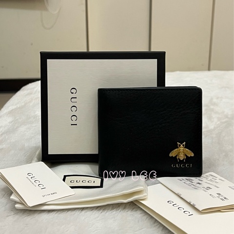GUCCI 古馳 523664 經典Animalier系列皮革 蜜蜂裝飾對開8卡 短夾 經典黑 正品 二手精品