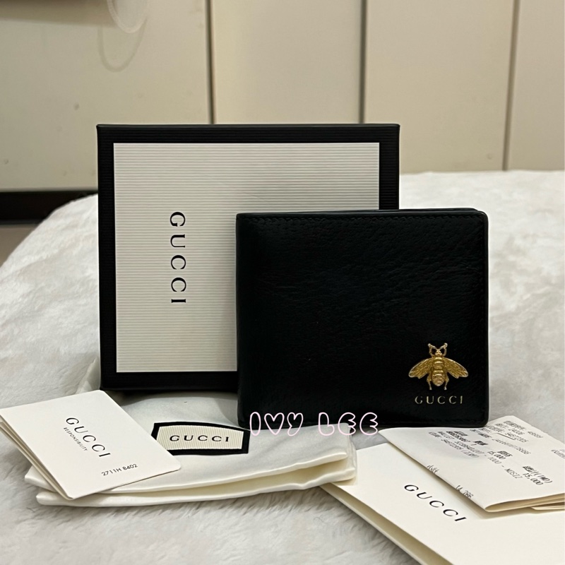 GUCCI 古馳 523664 經典Animalier系列皮革 蜜蜂裝飾對開8卡 短夾 經典黑 正品 二手精品-0