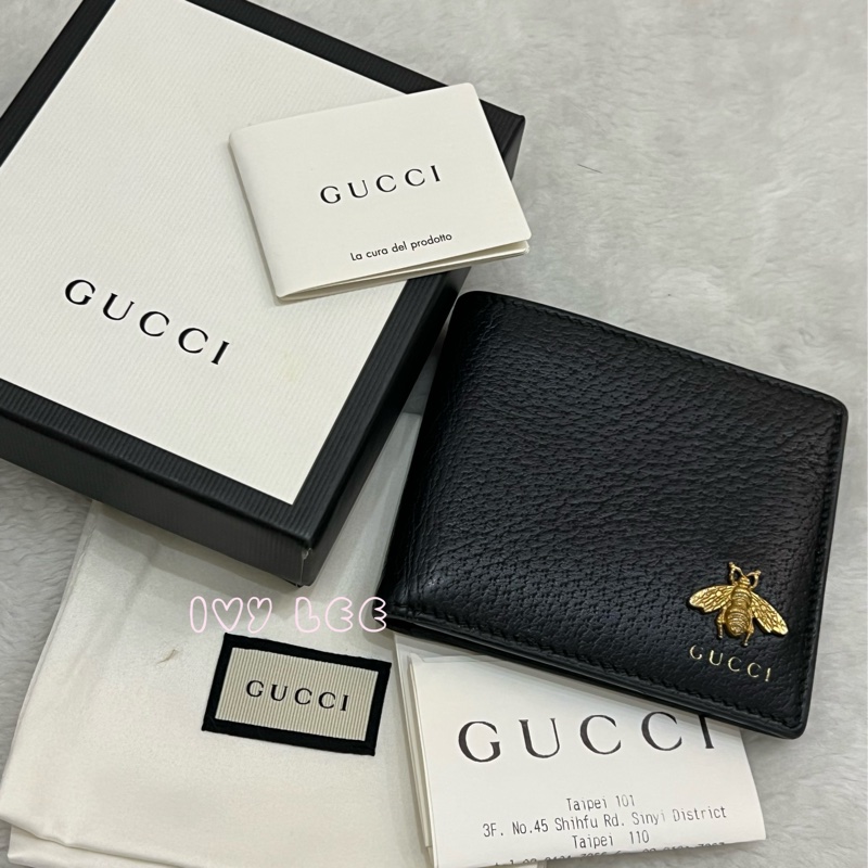 GUCCI 古馳 523664 經典Animalier系列皮革 蜜蜂裝飾對開8卡 短夾 經典黑 正品 二手精品-20