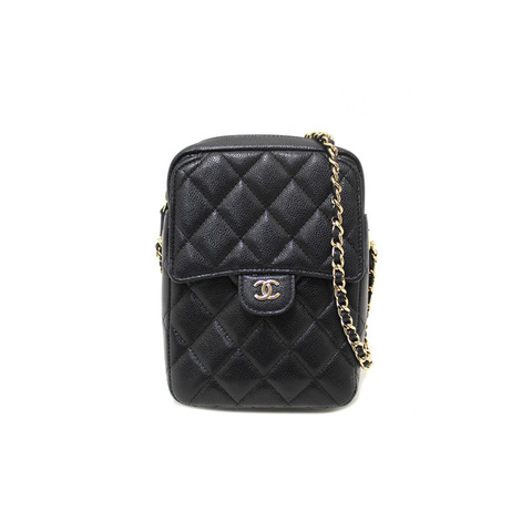 Chanel Black Caviar Quilted Leather Phone Holder Crossbody Bag
