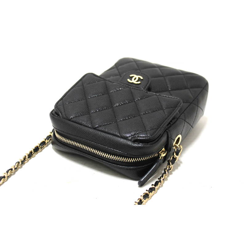 Chanel Black Caviar Quilted Leather Phone Holder Crossbody Bag-7