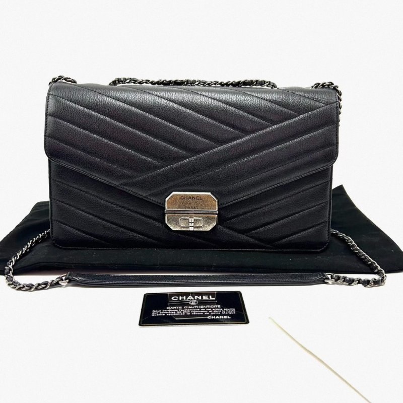 CHANEL 黑銀2.55系列肩背斜背郵差包30*17*7 98新配件塵袋保卡-0