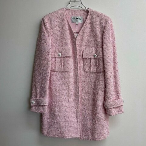 CHANEL 粉色粗花毛呢長款外套 38碼 99新配件塵袋