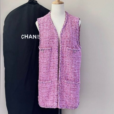 CHANEL 春夏粉色拼紫色編織長款背心外套34碼 肩寬31胸圍78衣長68 98新配件塵袋