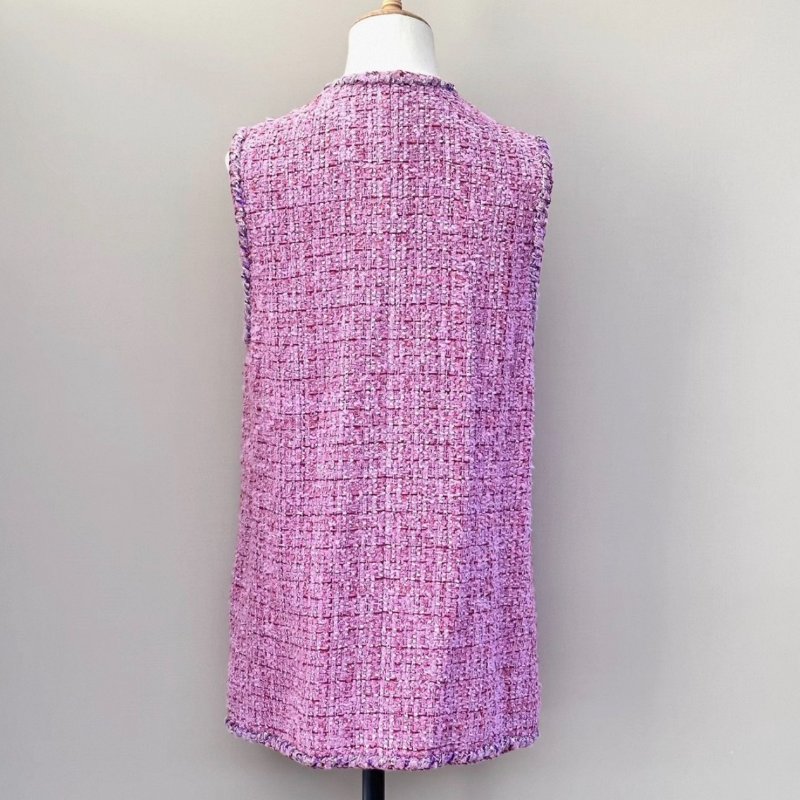 CHANEL 春夏粉色拼紫色編織長款背心外套34碼 肩寬31胸圍78衣長68 98新配件塵袋-2