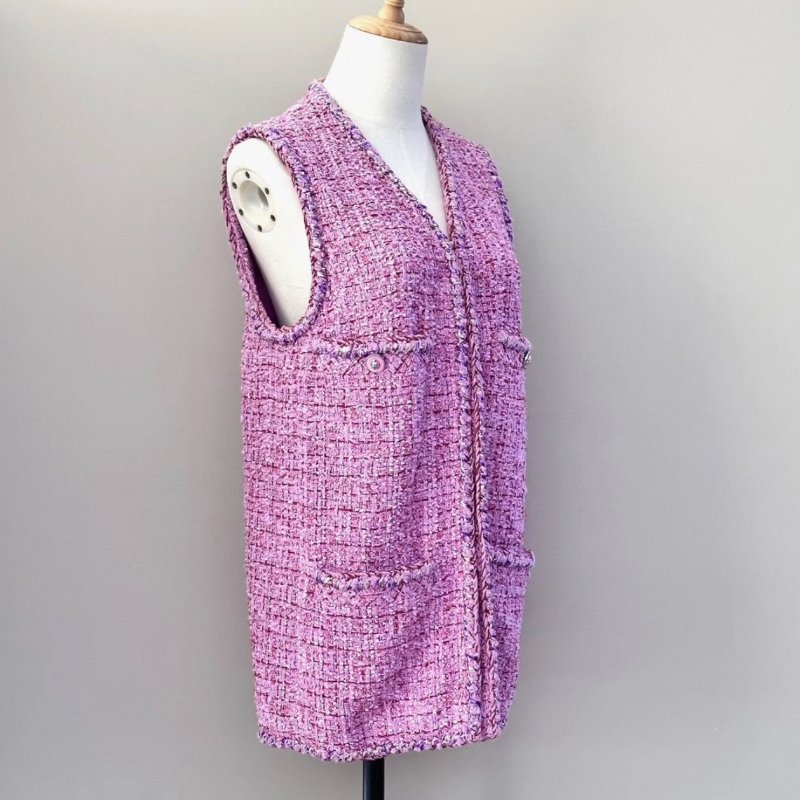 CHANEL 春夏粉色拼紫色編織長款背心外套34碼 肩寬31胸圍78衣長68 98新配件塵袋-3