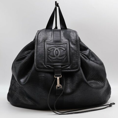 CHANEL 蜥蜴壓紋雙肩後背包 - 黑銀12開