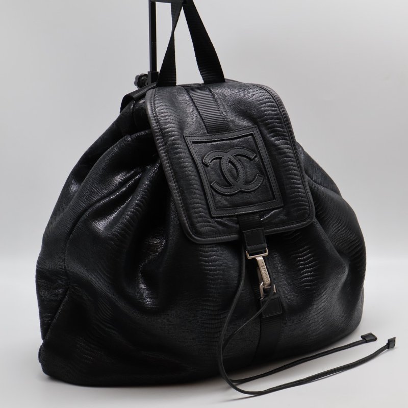 CHANEL 蜥蜴壓紋雙肩後背包 - 黑銀12開-4