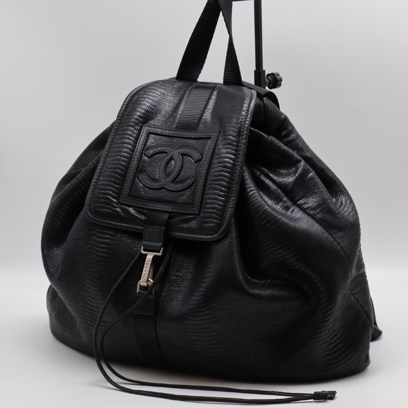 CHANEL 蜥蜴壓紋雙肩後背包 - 黑銀12開-5