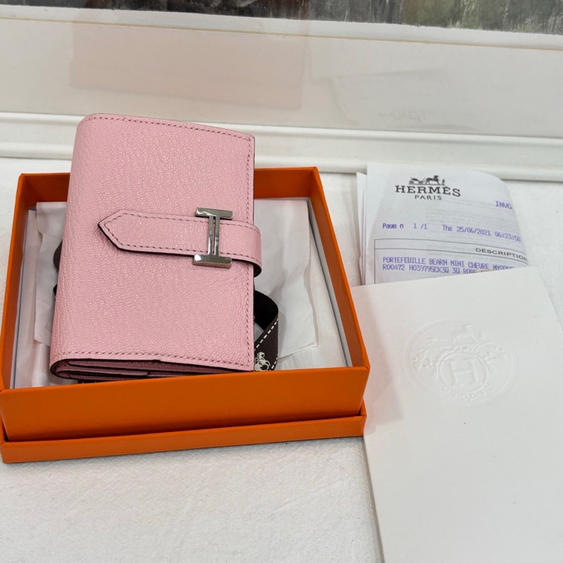愛馬仕 Bearn H短版皮夾卡包 櫻花粉 山羊皮 Z刻 有購證-0