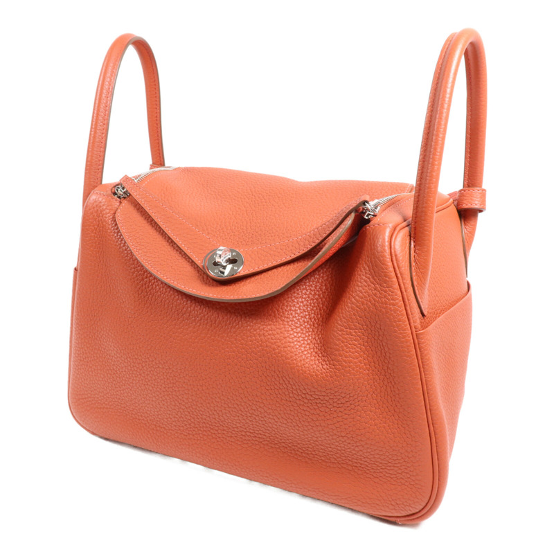 HERMES Clemence皮革Lindy 30銀扣手挽肩背兩用袋Orange-2