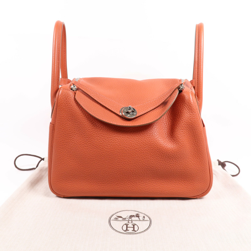 HERMES Clemence皮革Lindy 30銀扣手挽肩背兩用袋Orange-9