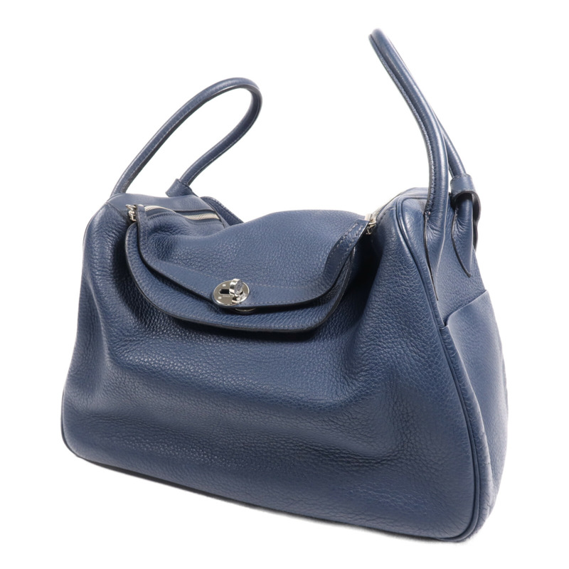 HERMES Clemence皮革Lindy 34銀扣手挽肩背兩用袋Navy-2