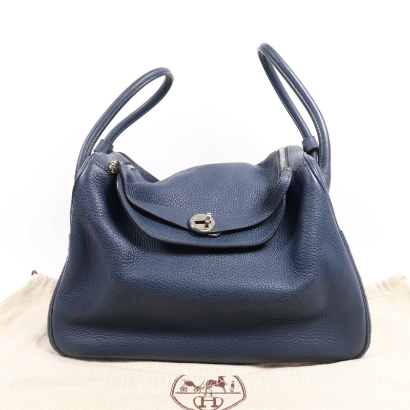 HERMES Clemence皮革Lindy 34銀扣手挽肩背兩用袋Navy-8