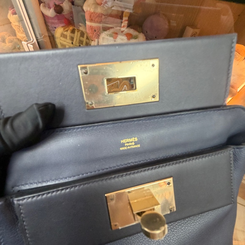 95新Hermes Mini 2424 午夜藍拼寶石藍 淡金扣 U刻-10