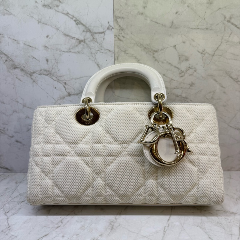 DIOR白色菱格紋橫式黛妃包-0