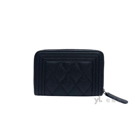 Chanel零錢包 Boy黑荔枝牛皮銀扣拉鍊卡包A80602-3