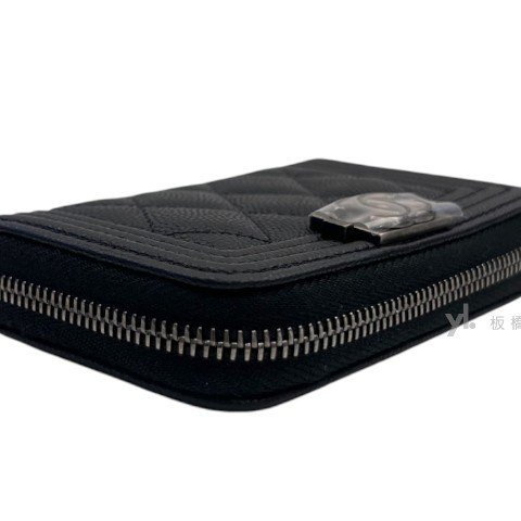 Chanel零錢包 Boy黑荔枝牛皮銀扣拉鍊卡包A80602-7