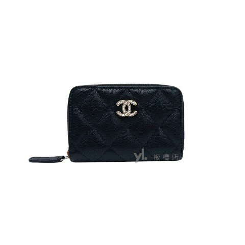 Chanel零錢包 黑荔枝牛皮雙C鑲鑽零錢卡包AP4818