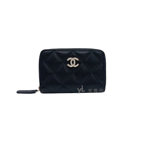 Chanel零錢包 黑荔枝牛皮雙C鑲鑽零錢卡包AP4818-0