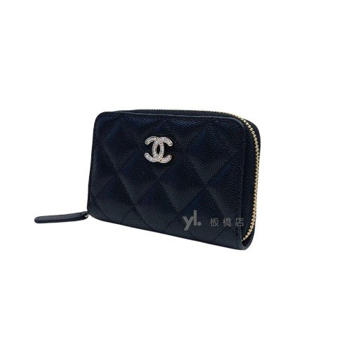 Chanel零錢包 黑荔枝牛皮雙C鑲鑽零錢卡包AP4818-2