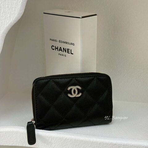 Chanel 黑荔枝牛皮雙C鑲鑽零錢卡包AP4818