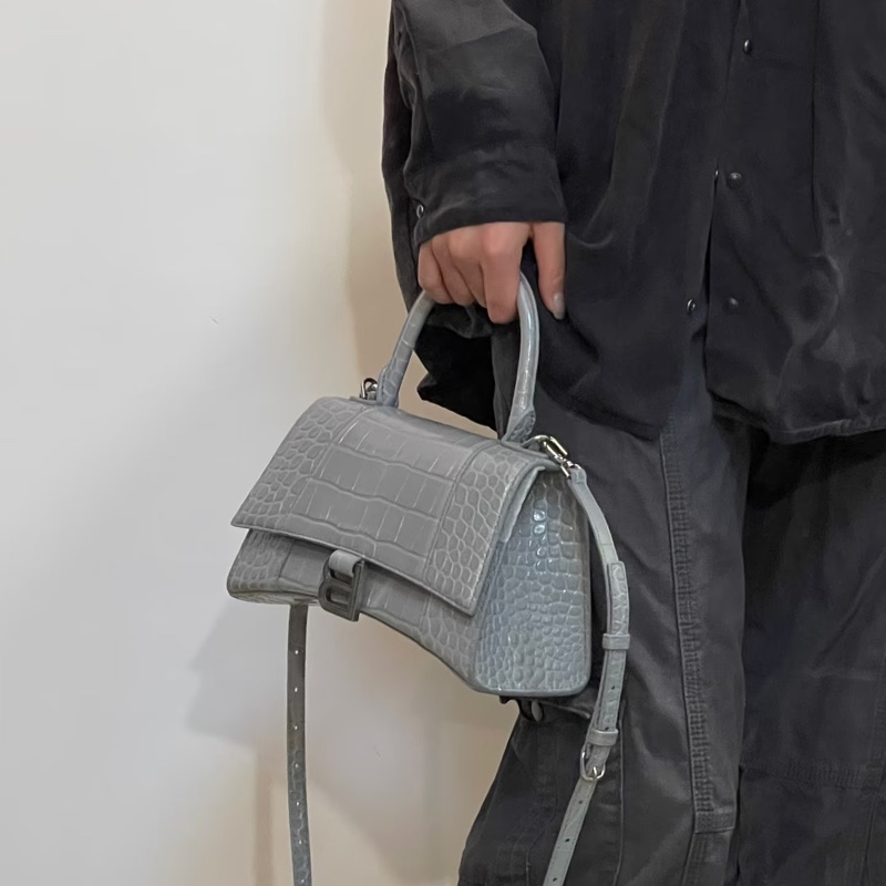 Balenciaga巴黎世家灰色鱷魚壓紋沙漏包小號-24