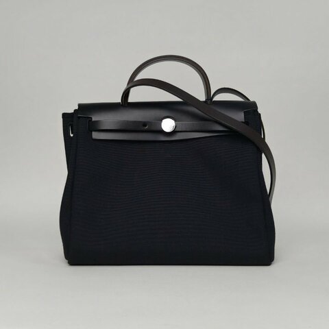 HERMES Herbag3189黑色帆布/Hunter牛皮Z刻銀扣肩背包