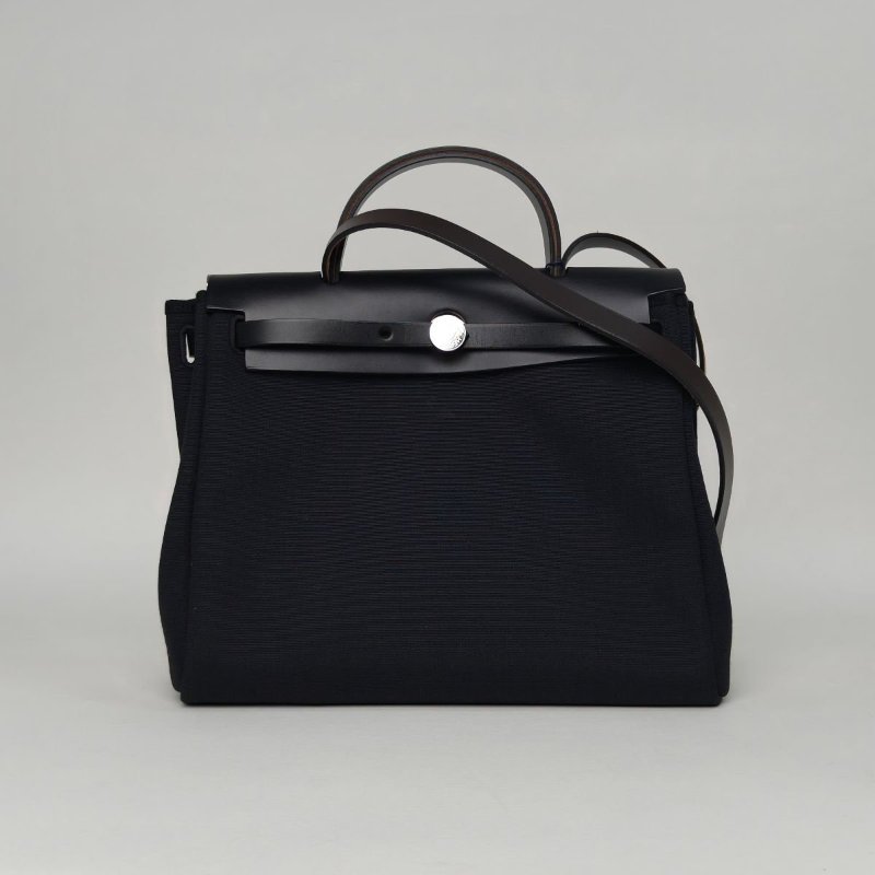 HERMES Herbag3189黑色帆布/Hunter牛皮Z刻銀扣肩背包-0