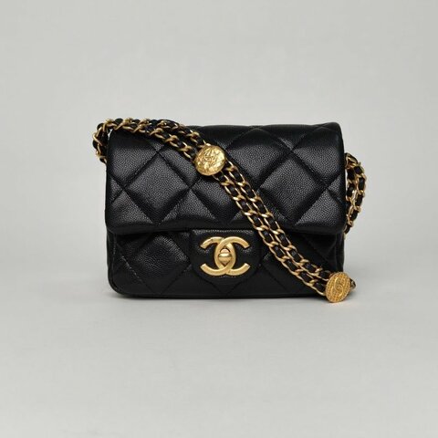 CHANEL 22ACF口蓋包21黑色荔枝牛皮晶片開金扣金幣雙皮穿鏈肩背包