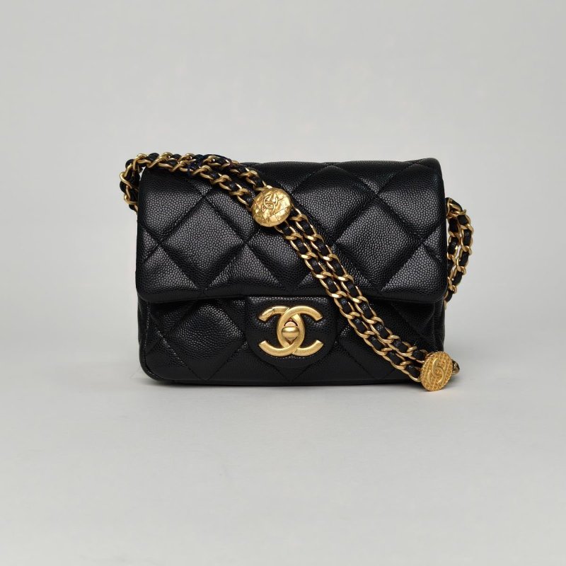 CHANEL 22ACF口蓋包21黑色荔枝牛皮晶片開金扣金幣雙皮穿鏈肩背包-0