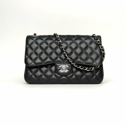 CHANEL CF口蓋包JUMBO3014開黑色荔枝牛皮銀扣肩背包