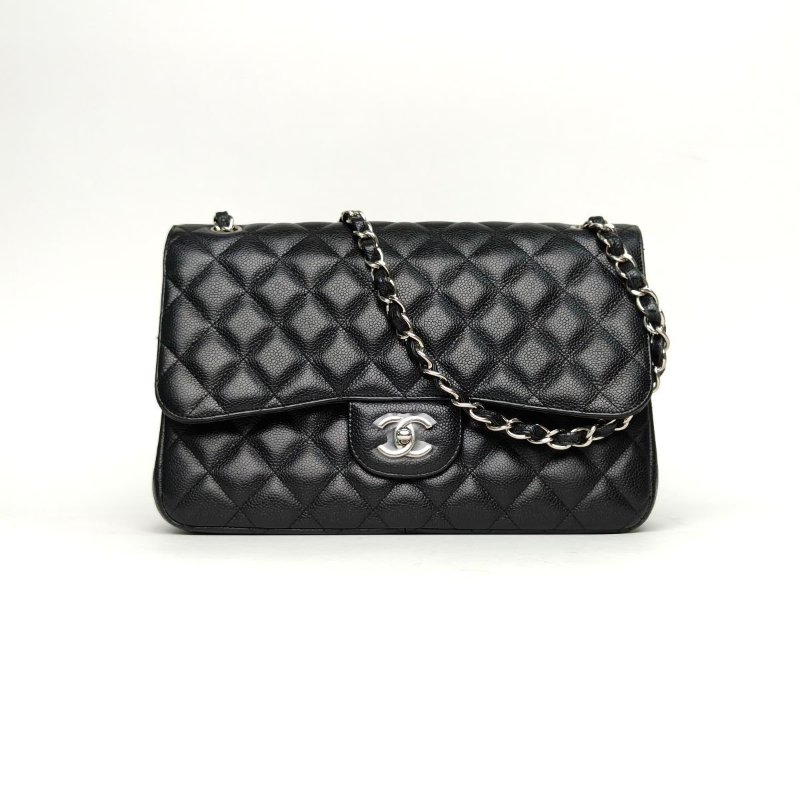 CHANEL CF口蓋包JUMBO3014開黑色荔枝牛皮銀扣肩背包-0