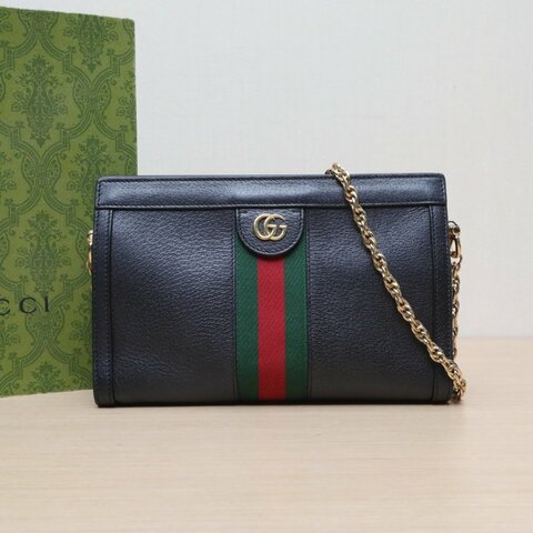 GUCCI OphidiaGG全皮鏈條包小號黑色牛皮金扣肩背包