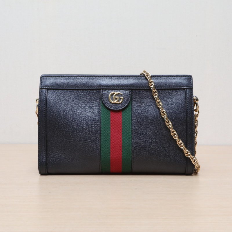 GUCCI OphidiaGG全皮鏈條包小號黑色牛皮金扣肩背包-1