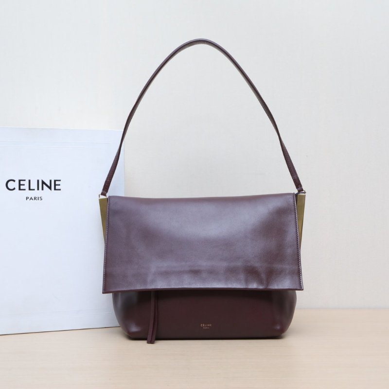 CELINE 酒紅色牛皮Flapclasp單肩斜挎包肩背包-0