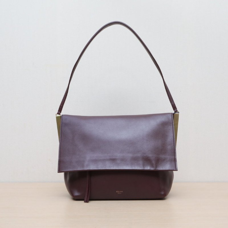 CELINE 酒紅色牛皮Flapclasp單肩斜挎包肩背包-1
